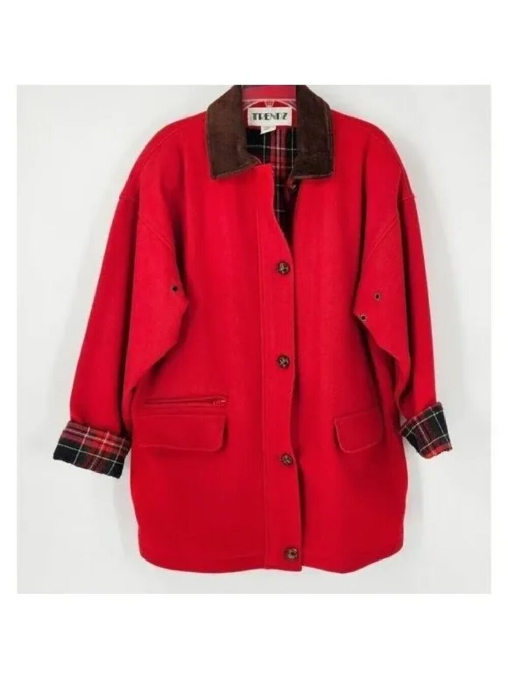 Vintage Trendz Red Wool Blend Barn Coat with Plaid Lining, Leather Collar, Size